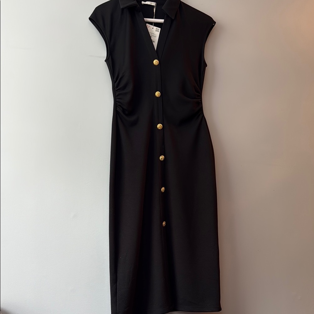 Zara Black Sleeveless Midi Dress with Gold Buttons
